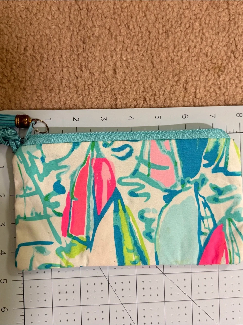 Lilly Pulitzer Floral Wristlet Cosmetic Pouch Turquoise Pink Tassel 8”
